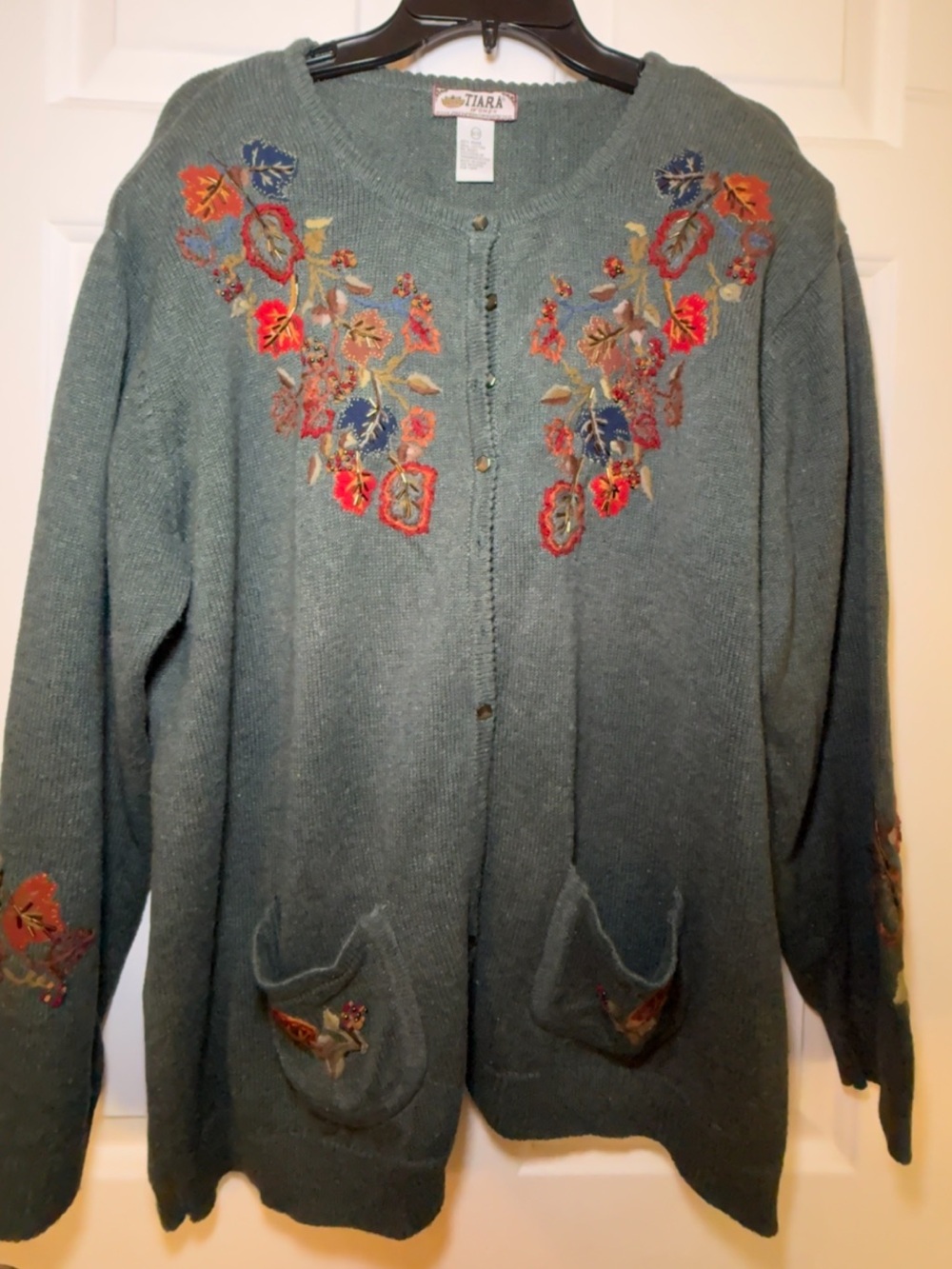 Vintage Green Tiara Cardigan Sweater Autumn Leaf Embroidery Beads 3X Plus 26-28